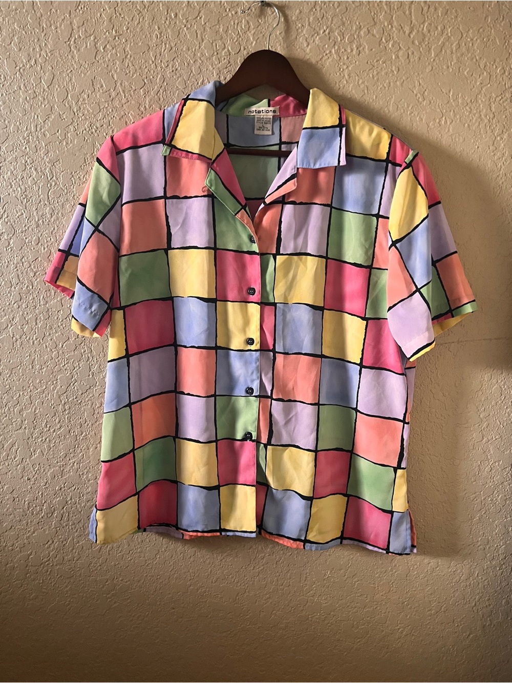 L Vintage 90’s Notations Multicolor Grid Print Blouse - Pastel Pink, Green, Blue